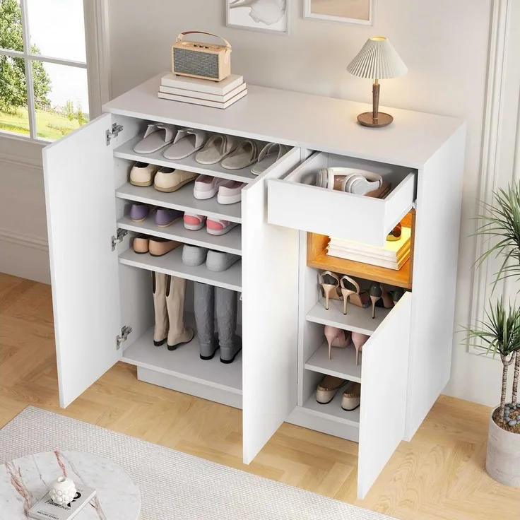 BlingBin Schuhschrank Schuhkipper Schuhkommode Schuhregal (Er bietet Platz für 14–18 Paar Schuhe, 1-St, mit LED,Schublade,verstellbaren Einlegeböden,3 Türen) 105x39,5x100,5cm,für modernen Eingangsbereich