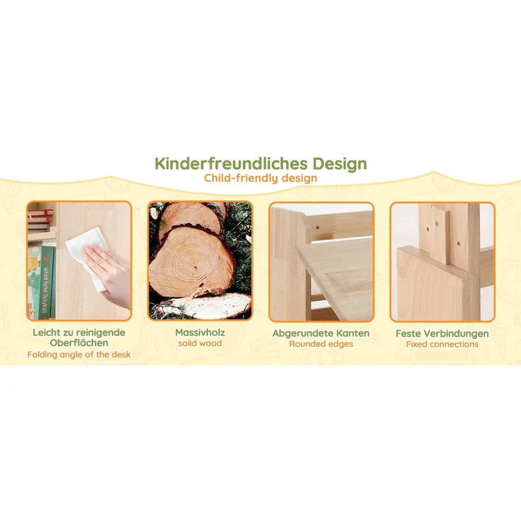 ZUBALIYA klappbare Tischplatte / Kindertisch, mit sicherheitszertifiziert und buchstütze, fürs Kinderzimmer, Massivholz, Samt, Natur – Bild 16