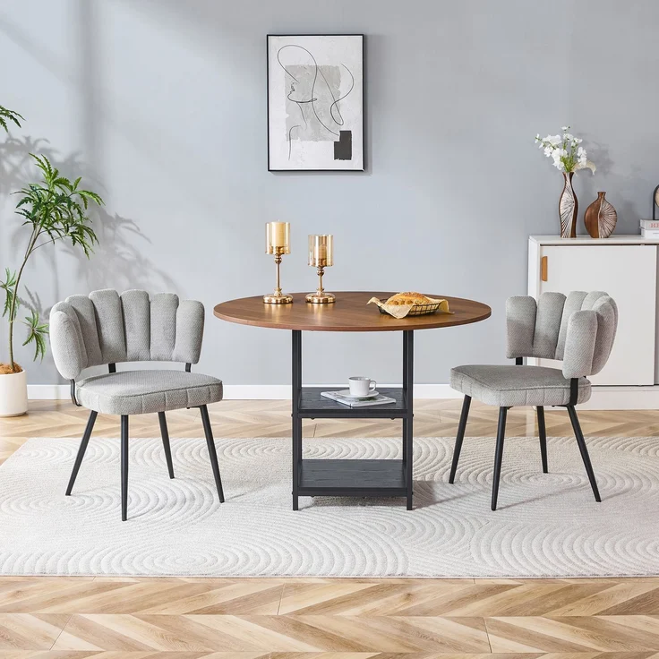 Esstisch-Set H 75 x T 107 x B 107 cm rund in Nussbaum-Optik mit 2 Stühlen, Stauraum-Ebene, MDF und Metallgestell – Bild 1