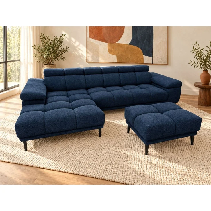 Ecksofa Schlafsofa SENVELIO RELAX inkl. Hocker Stoff Glam Dunkelblau Ottomane Links – Bild 1