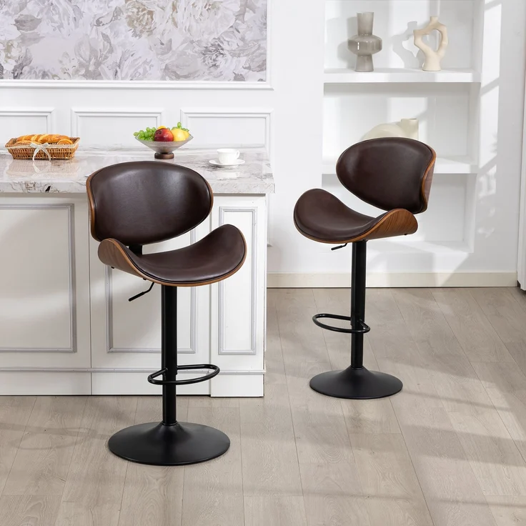 Drehbare Barhocker, 2er-Set, höhenverstellbare Barhocker aus gebogenem Holz, Barstuhl mit PU-Lederbezug, ergonomischer Rückenlehne und Fußstütze, für Bar, Kücheninsel zu Hause(Brown PU Leather)--Braun--51x50x93cm--YOUDENOVA – Bild 7