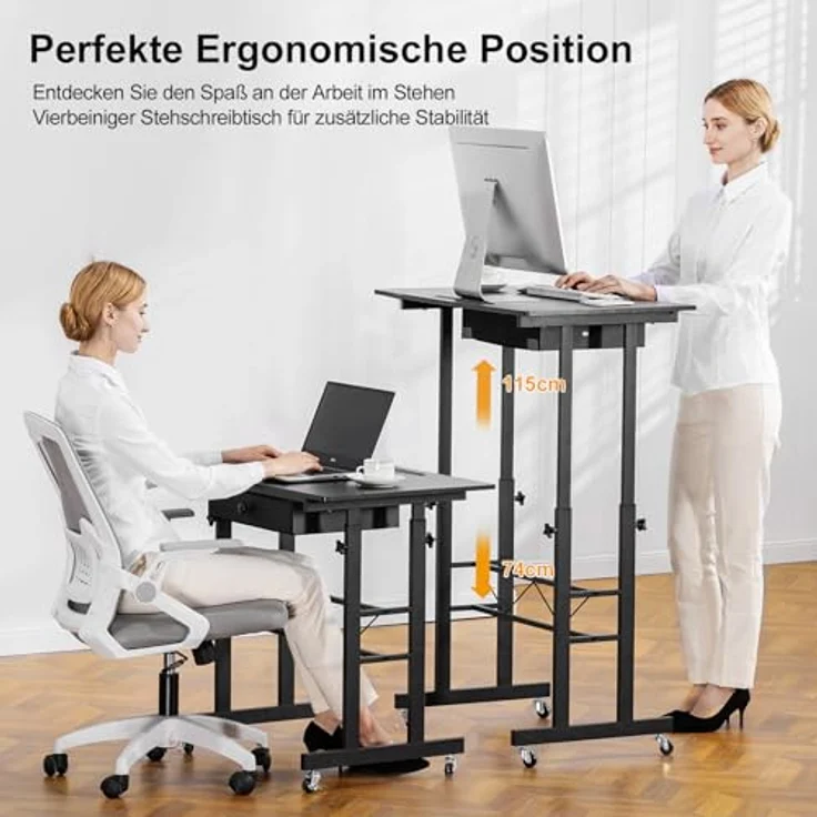 GTPLAYER Höhenverstellbarer Schreibtisch, Computertisch Laptoptisch mit Schubladen,Tisch höhenverstellbar 80 * 50*(73-115) cm, Standing Desk mit Rollen – Bild 4