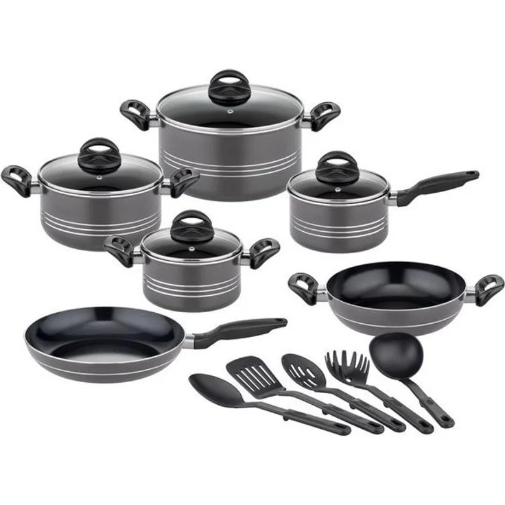 GSW Topf-Set Milano Nero, Aluminium (Set, 15-tlg, je 1 Kochtopf 16/20/2 cm, 1 Stielkasserolle 16cm, je 1 Pfanne 24/28cm), Induktion, inkl. 5-teiliges Küchenhelfer-Set – Bild 3