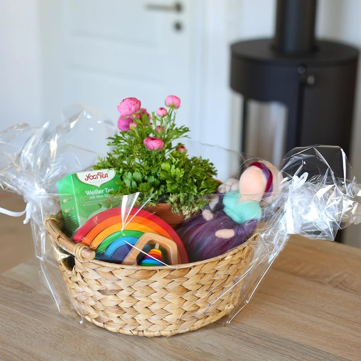 HMF Aufbewahrungskorb Präsentkorb, runder Aufbewahrungskorb mit Holzgriffen, geflochten aus, natürlicher Wasserhyazinthe, 30 x 12 cm – Bild 8