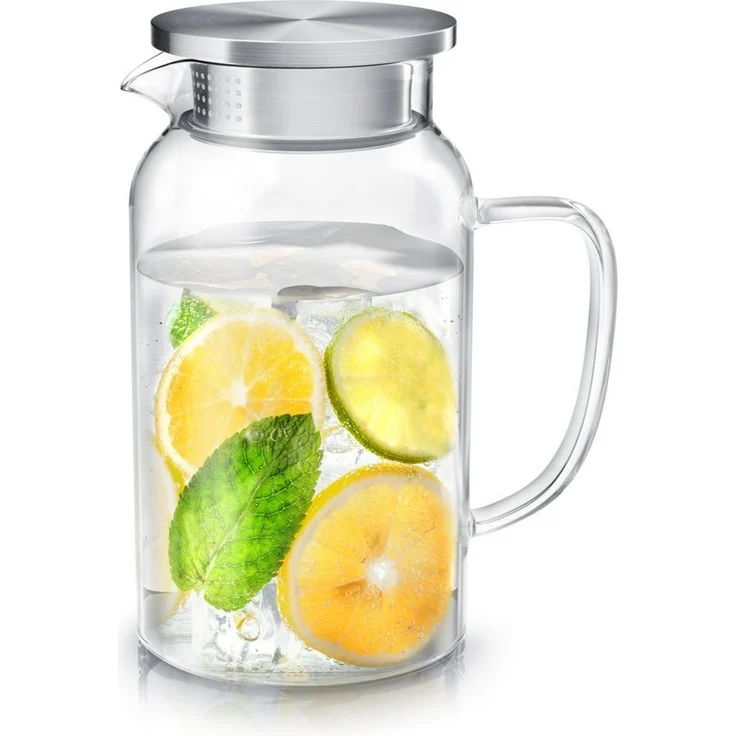 Arendo Karaffe Glaskaraffe mit Deckel aus lebensmittelechtem Edelstahl, Borosilikatglas, 1450 ml, Sieb, hitze- und kältebeständig, BPA-frei – Bild 1