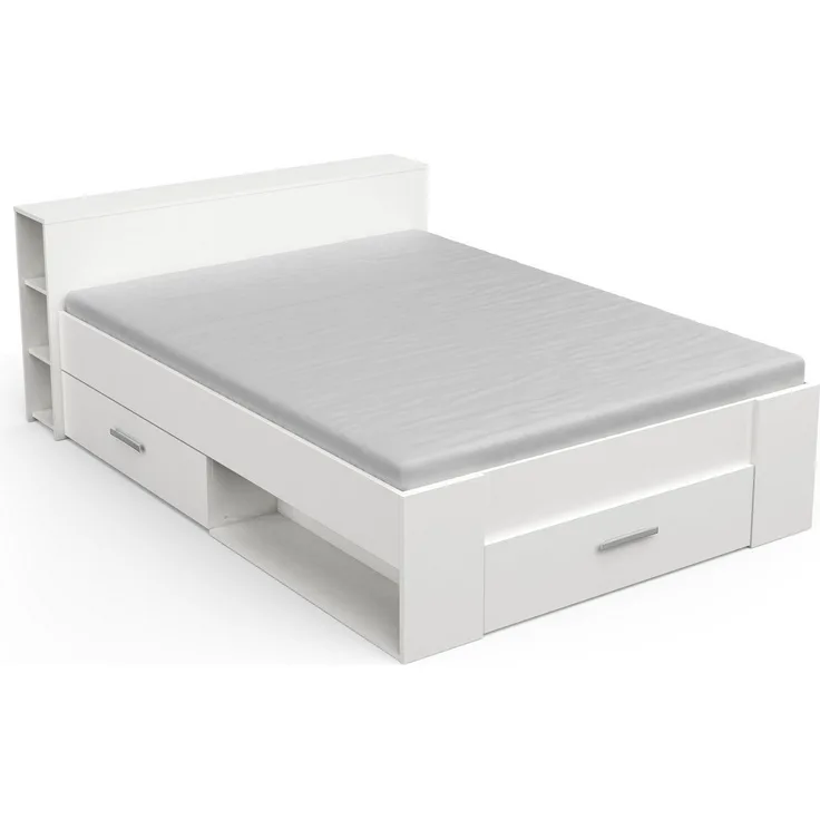 Calicosy Weißes Doppelbett mit 3 Schubladen und Nischen 140x190 cm - Pocket - Weiß matt