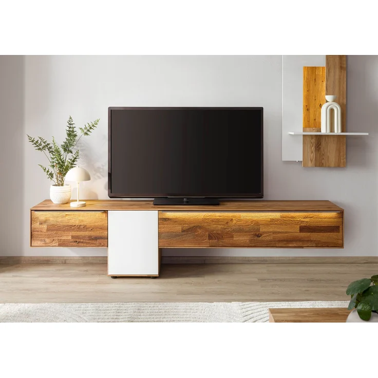 Lowboard Wildeiche 220x43x55 natur geölt / Glas weiß WIEN #107 – Bild 9