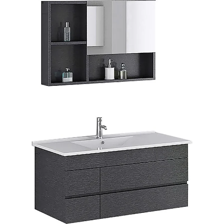 Jet-Line Badmöbelset APPENZELL, edles Badezimmer Set in schwarz mit Waschtisch und Spiegelschrank, Maße Oberschrank 900 x 120 x 600 mm, Unterschrank 1000 x 480 x 470 mm