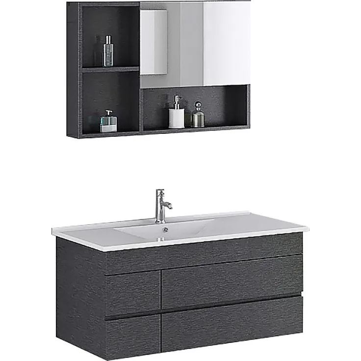 Jet-Line Badmöbelset APPENZELL, edles Badezimmer Set in schwarz mit Waschtisch und Spiegelschrank, Maße Oberschrank 900 x 120 x 600 mm, Unterschrank 1000 x 480 x 470 mm