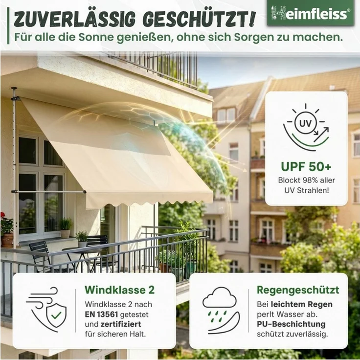 Heimfleiss® Klemmmarkise Klemmmarkise Balkon ohne Bohren Sonnenschutz UPF 50+ Klemmmarkise 250 cm breit, beige, höhenverstellbar – Bild 4