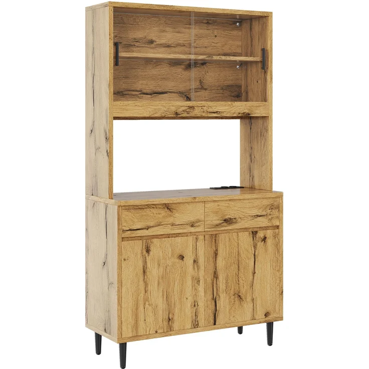 Buffetschrank 100x40x185 cm aus Holzwerkstoff in Eiche mit Glastüren, LED-Lichtleiste und Steckdosen – Bild 6