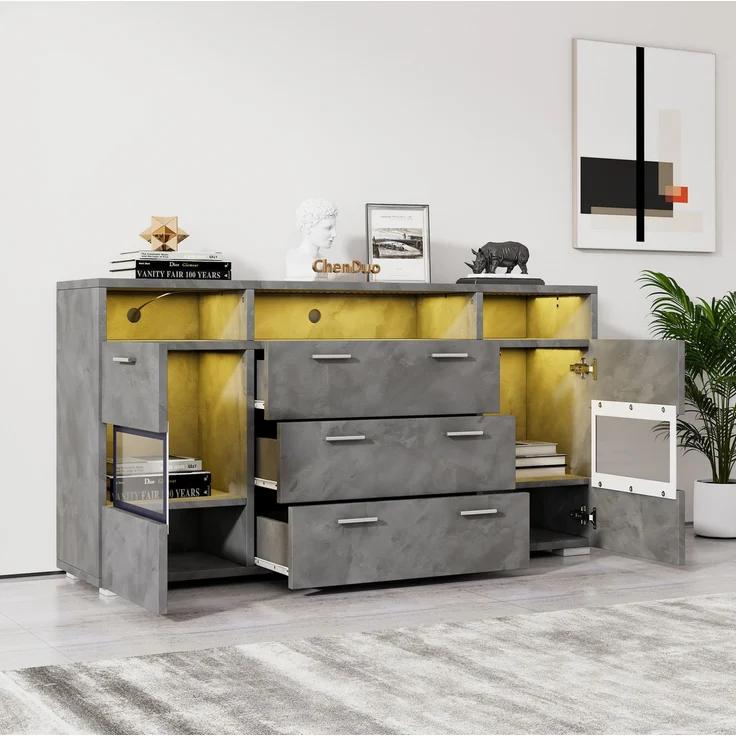 DESVIAE Sideboard mit LED-Beleuchtung, 2 Türen und 3 Schubladen, 140x72,5x33,5 cm, Spanplatte, Grau – Bild 9