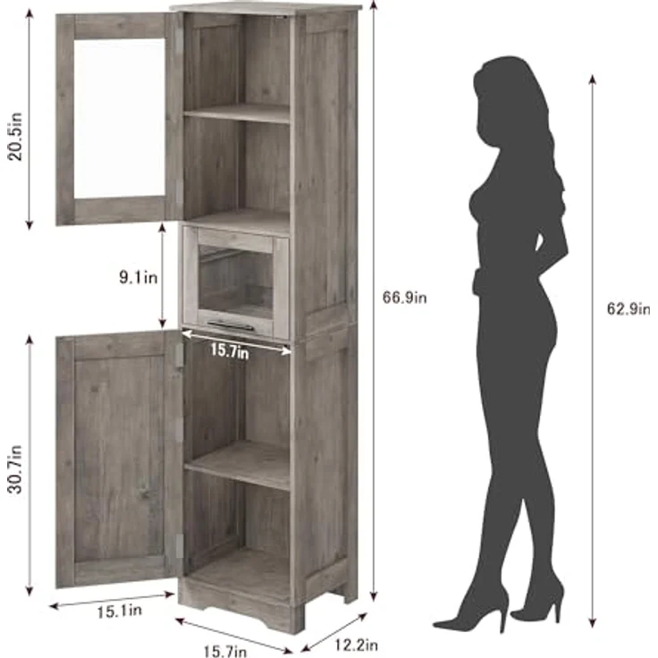 GarveeLife Badezimmerschrank Badschrank Hochschrank für Badezimmer Arbeitszimmer, Mehrzweckschrank Küchenschrank mit 2 Türen und 1 Schubladen Holz 40 x 31 x 170 cm, Grau – Bild 2