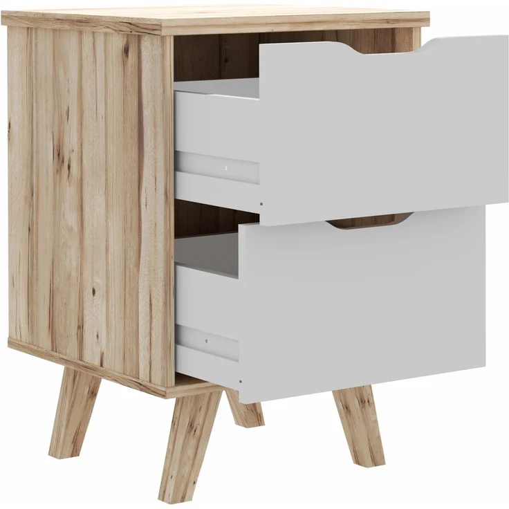 Nachtkommode >VANKKA< 2 Schübe, Planked Eiche Dekor / Weiss - 45x63,9x42cm (BxHxT) – Bild 3