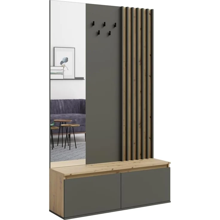 Lomadox Garderoben-Set DAVIS-166, (Spar-Set, 2-St, Kommode Garderoben Kombination), Eiche graphit Lamellen-Design grifflos modern – Bild 3