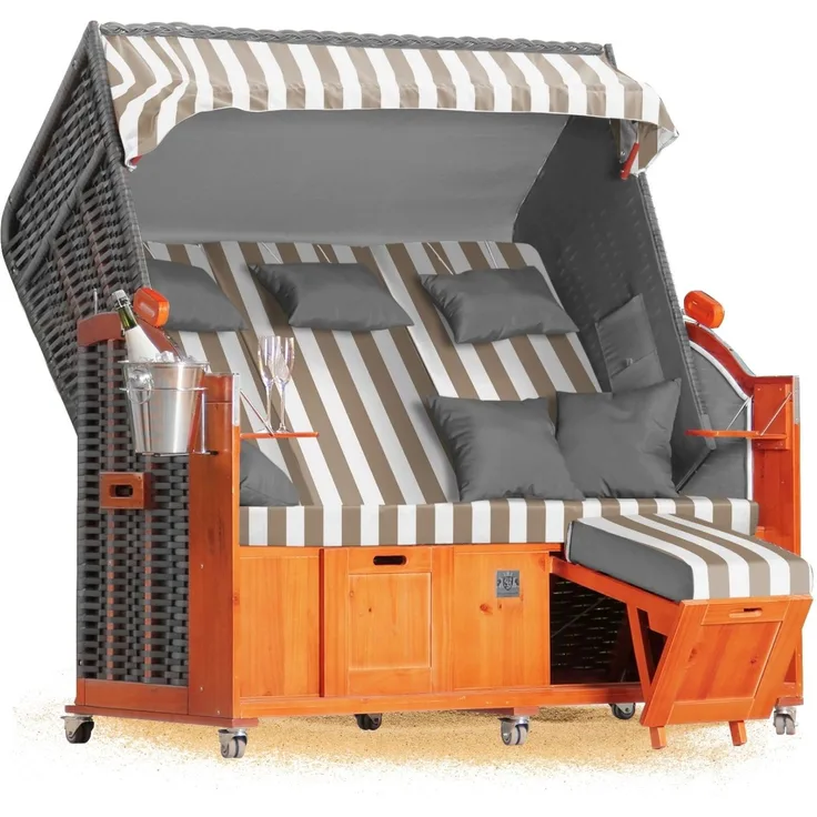 Strandkorb Hanse Ostsee Klassik XXL 2,5 Sitzer - Creme Weiß Blockstreifen, 160 x 166 x 78 cm