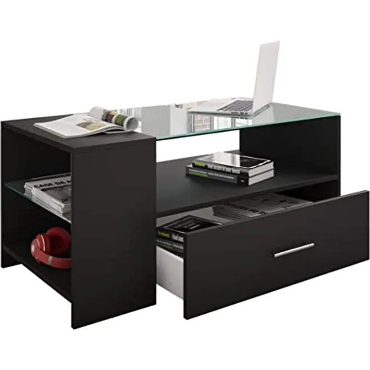 MID.YOU Couchtisch Schwarz, Glas-Holzwerkstoff, 1 Schublade, 100x45x50 cm mit Stauraum