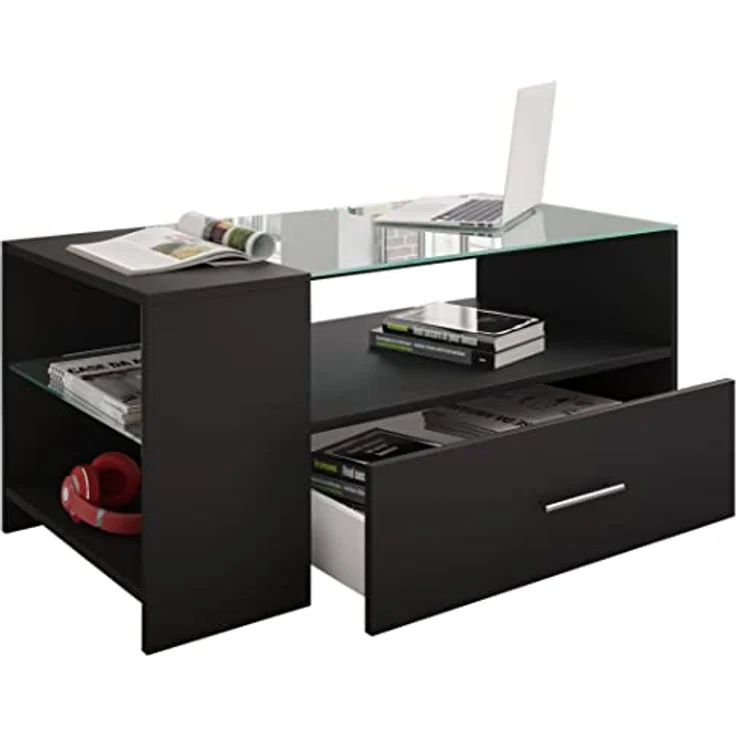 MID.YOU Couchtisch Schwarz, Glas-Holzwerkstoff, 1 Schublade, 100x45x50 cm mit Stauraum – Bild 1
