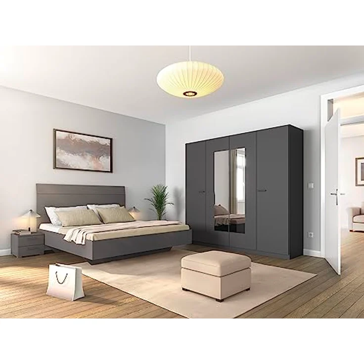 Rauch Möbel Florenz Schlafzimmer, Grau metallic, Schwarz, bestehend aus Bett mit Liegefläche 180x200 cm inklusive 2 Nachttische und Drehtürenschrank mit Spiegel BxHxT 226 x 210 x 54 cm – Bild 3