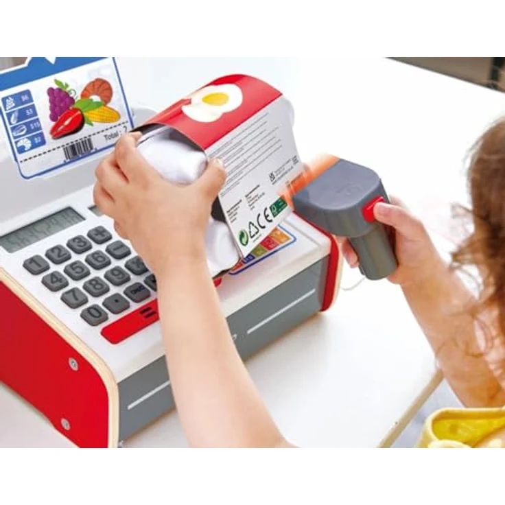 Hape Spielkasse mit Sound und Scanner, Kaufladenzubehör für Kinder ab 3 Jahren, inkl. Solartaschenrechner und 9 Geldmünzen – Bild 6