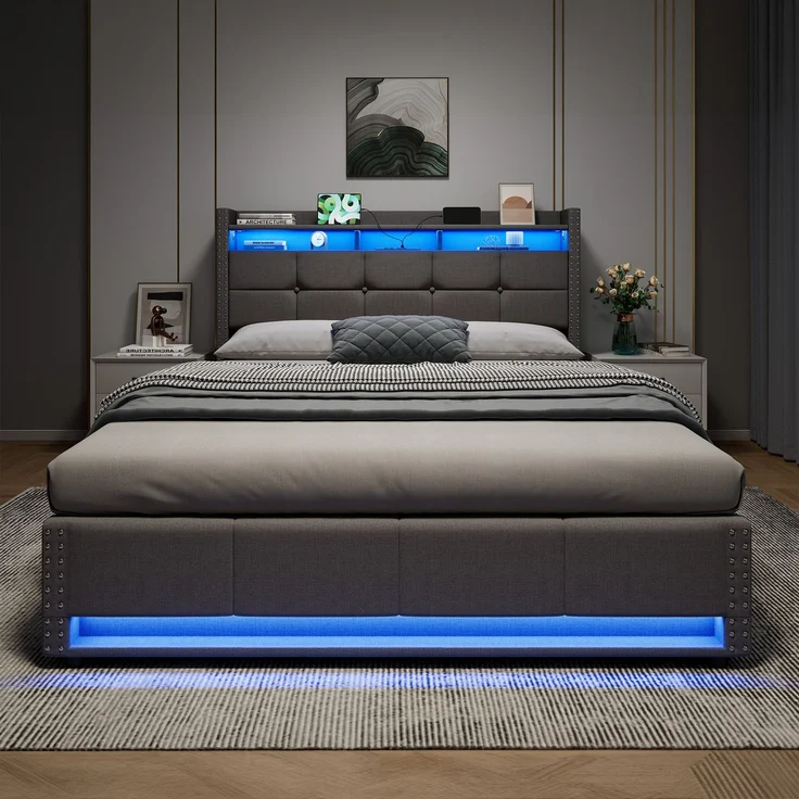 Polsterbett 140x200 cm mit LED-Beleuchtung, USB-Anschlüssen und hydraulischem Stauraum – ohne Matratze – Bild 2