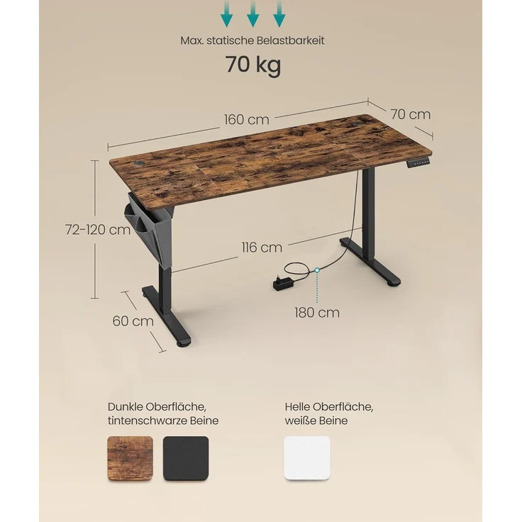 Songmics Höhenverstellbarer Schreibtisch elektrisch, 70x160 x (72-120) cm, Verstellbarer Tisch, Memory-Funktion für 4 Höhen, für Homeoffice, Arbeitszimmer, vintagebraun-tintenschwarz LSD136K01 – Bild 3