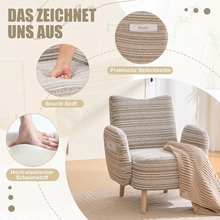 Ohrensessel Fernsehsessel Boucle Sessel Massivholzbeine 77x81cm Khaki – Bild 3