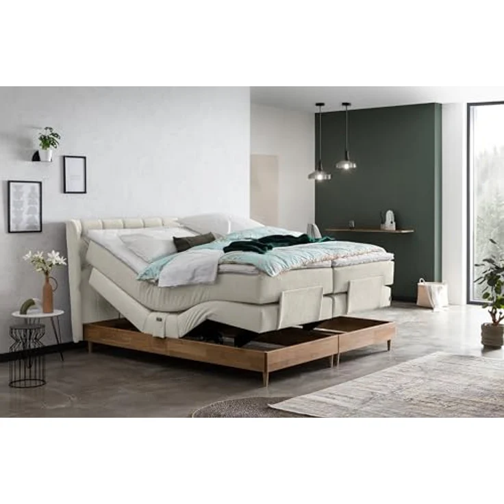 Belanoti Boxspringbett EON (Boxspringbett 160x200 elektrisch verstellbar Bett 160x200 mit Motor, 7-Zonen Taschenfederkern Matratze inklusive Visco Topper), in der Farbe Beige H2/H3 Polsterbett Motorbett mit Eiche – Bild 4