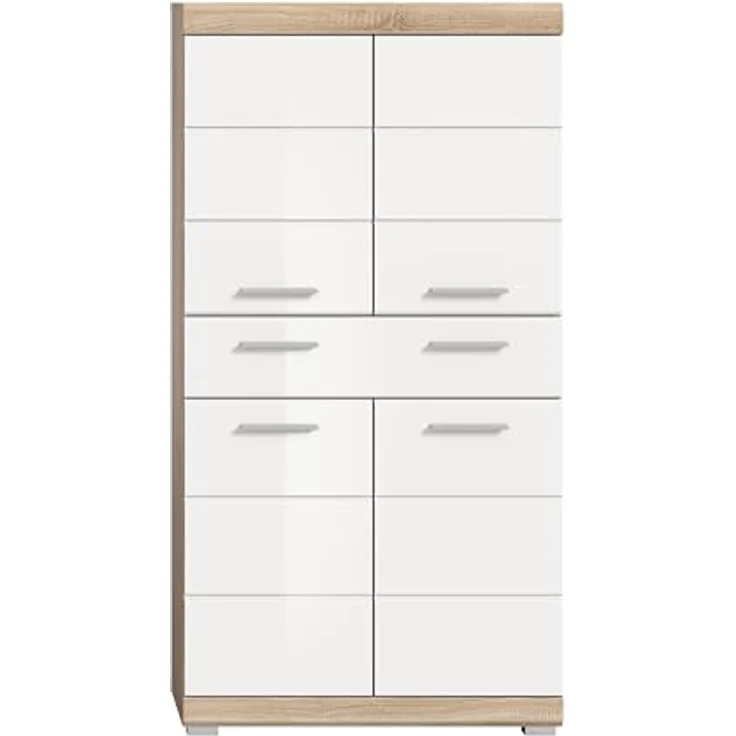Xonox Lambada Badmidischrank (B/H/T: 74x141x31 cm) in weiß Hochglanz und Sonoma Eiche hell – Bild 3