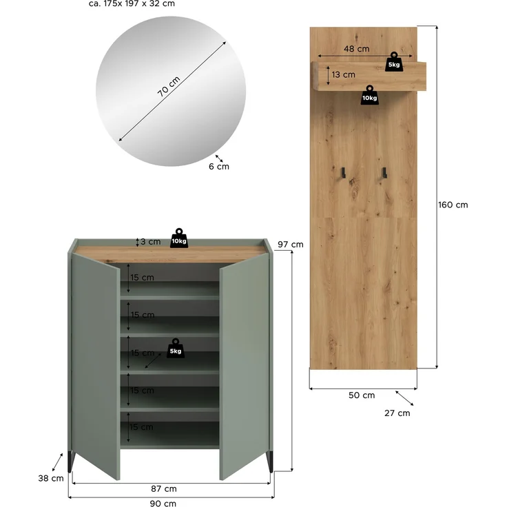 Garderobenkombination B/H/T: 197x175x32 cm in Salbei Nachbildung und Artisan Oak Nachbildung – Bild 4