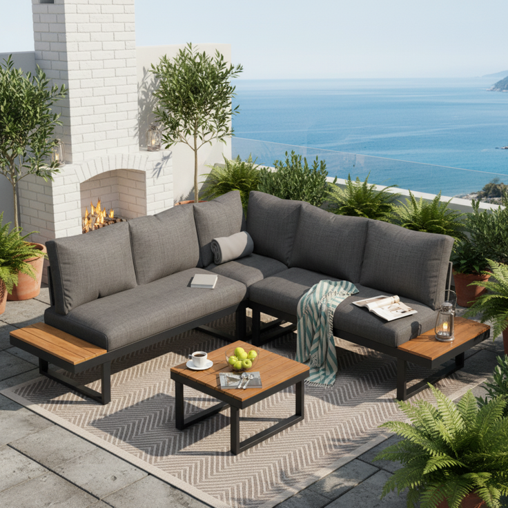 Merax Gartenlounge-Set, 5-Sitzer Gartenmöbel mit 5-Winkel-verstellbare Lehne, Grau+Schwarz