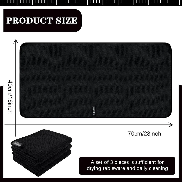 Schwarze Waffeltücher 40x70cm 3er Set waschbar Fusselfrei KeyCode Mikrofasertuch – Bild 2