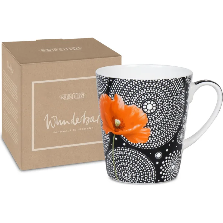 KÖNITZ 1152553055 Becher Wunderbar MOHN AUF SCHWARZ im Geschenkkarton - 600 ml aus Bone China Porzellan