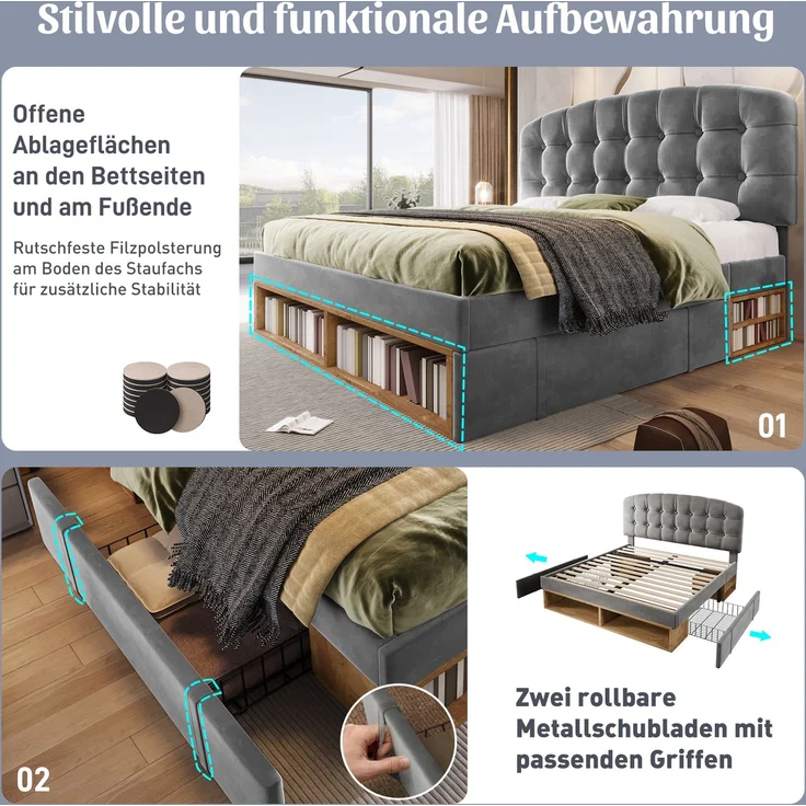 Merax Doppelbett 140x190 cm, Polsterbett mit Lattenrost, Bettgestell mit gebogenem höhenverstellbarem Kopfteil, Bett mit Schubladen und Stauraum, Samt, Grau – Bild 6