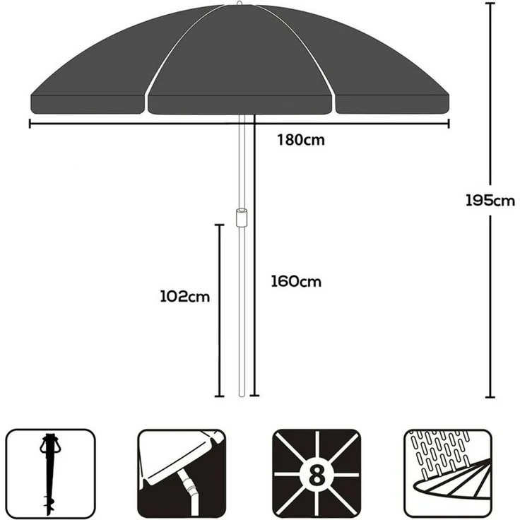 Sekey Sonnenschirm Ø 180 cm Rund Strandschirm Balkonschirm mit Tragetasch und Bodenhülse, LxB: 180x180 cm, 3-in-1 Sonnenschirm, Neigungswinkel und Höhe verstellbar, UPF 50+ – Bild 2
