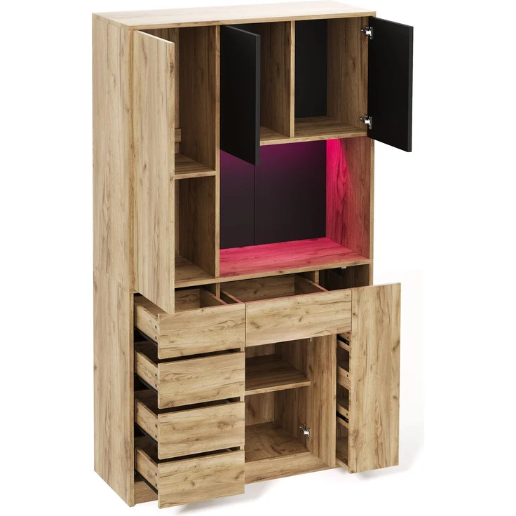 ZUBALIYA Küchenschrank 105x40x185 cm, mit LED-Beleuchtung, mit Steckdosen, mit verstellbaren Einlegeböden, aus MDF, Schwarz / Natur – Bild 13