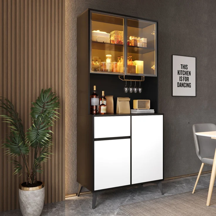U-life Hochschrank, fürs Wohnzimmer, Vitrine, Anrichte, Sideboard, Esszimmerschrank, MDF, Schwarz – Bild 9