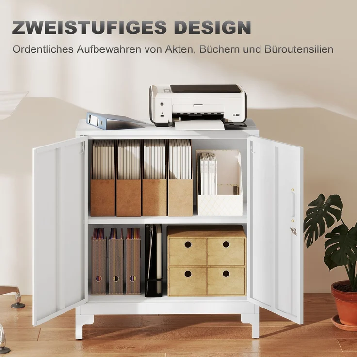 MELAYR, Büroschrank aus Metall, verschließbare Türen, Bürokommode, 2-stufiges Design, Weiß, 80 x 35 x 91 cm – Bild 6