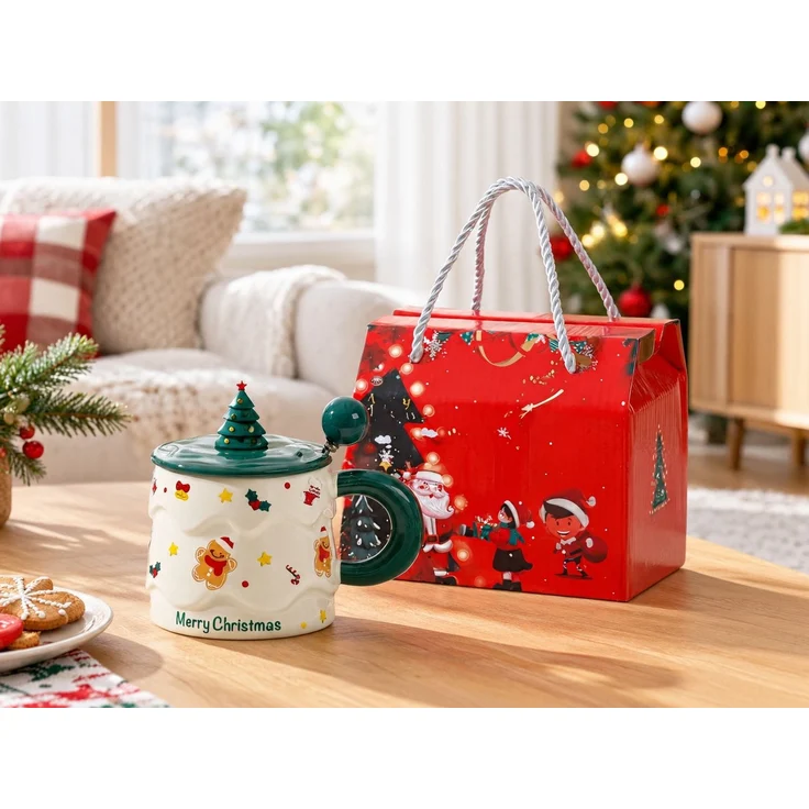 Keramik-Weihnachtstasse mit Deckel und Löffel Geschenkset Grün 16 x 12 x 14 cm – Bild 2
