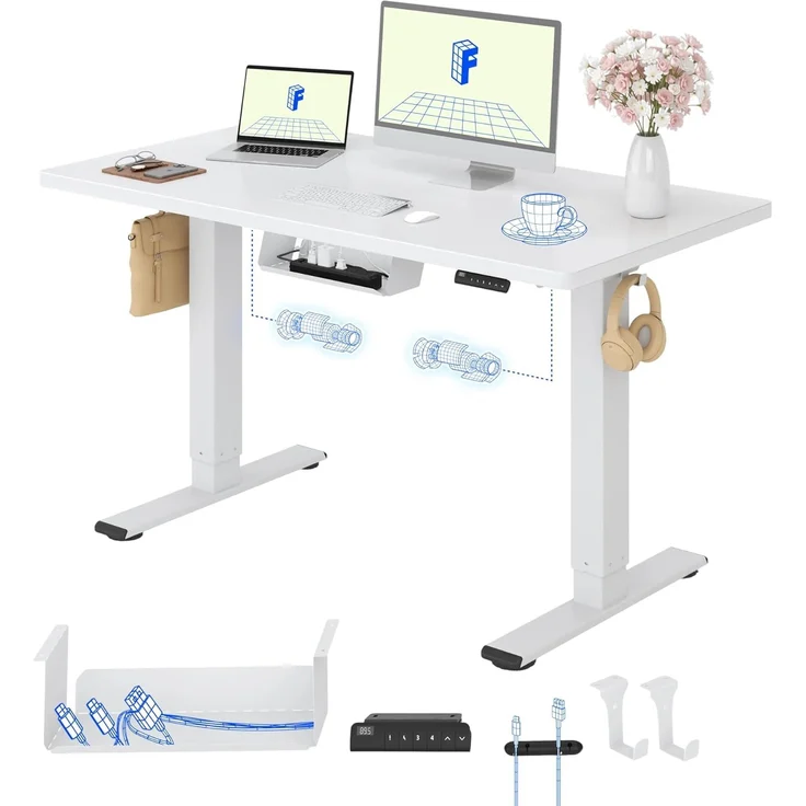FLEXISPOT Höhenverstellbarer Schreibtisch mit 2 Motoren & 25MM einteiliger Tischplatte,ergonomischer Bürotisch - 120x80 cm Weiß, weißes Gestell – Bild 1