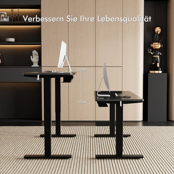 HOMAVO höhenverstellbarer Schreibtisch 80×180 cm, mit Memory- und Anti-Kollisionsfunktion, USB-A- und USB-C-Anschlüssen, Höhe 70–120 cm, Schwarz – Bild 3