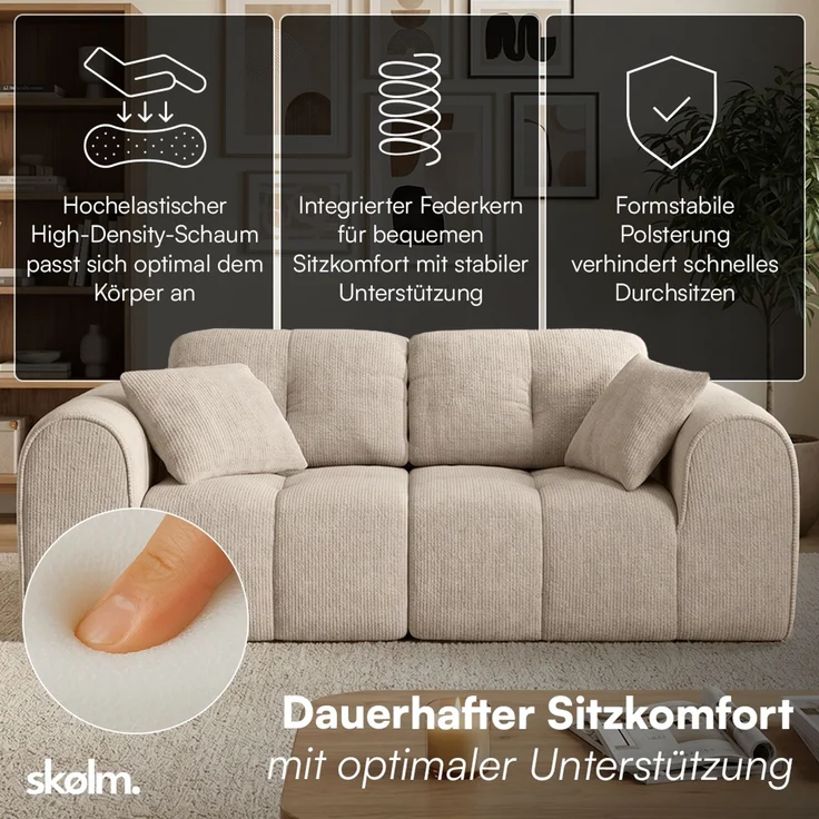skølm 'Vanaheim' Sofa 2 Sitzer mit 2 Kissen, Cloud Sofa beige, Chenille-Stoff, Vollschaumcouch mit Federkern und Vakuum-Kompression, kein Aufbau erforderlich – Bild 2