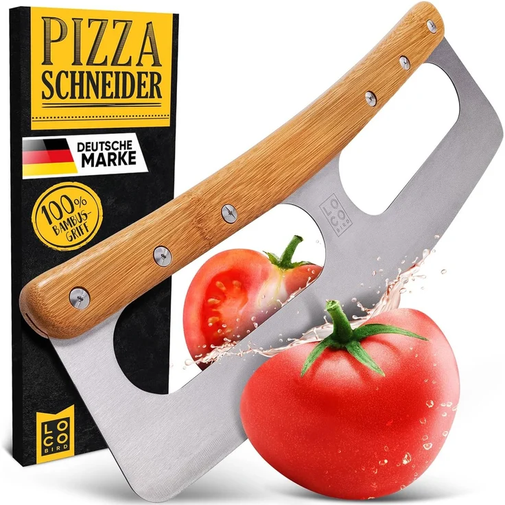 Loco Bird Pizzaschneider aus Edelstahl mit Bambusgriff und mit Klingenschutz, Allzweck-Wiegemesser: scharfe Klinge, robuster Griff - Edelstahl – Bild 1