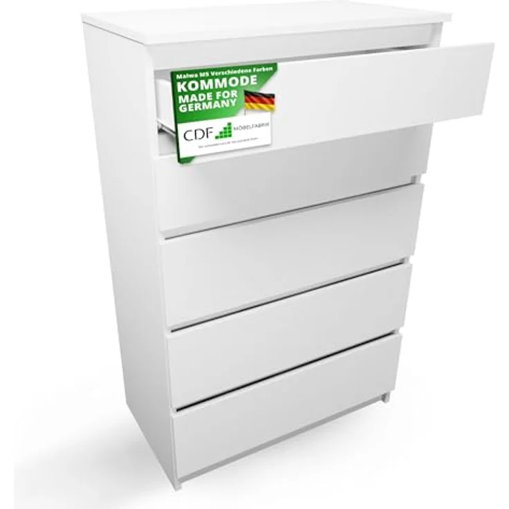 CDF Kommode Malwa M5 | Farbe: Weiss | Schrank für Dokumente, Kleinigkeiten | Ideal für Wohnzimmer, Schlafzimmer, Kinderzimmer, Jugendzimmer und Büro | 5 geräumige Schubladen – Bild 2