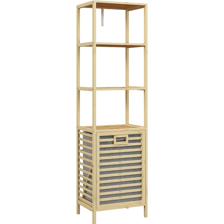 Badregal 44 x 33 x 160 cm aus Bambus mit 3 Ablagen und kippbarem Wäschekorb – Bild 6