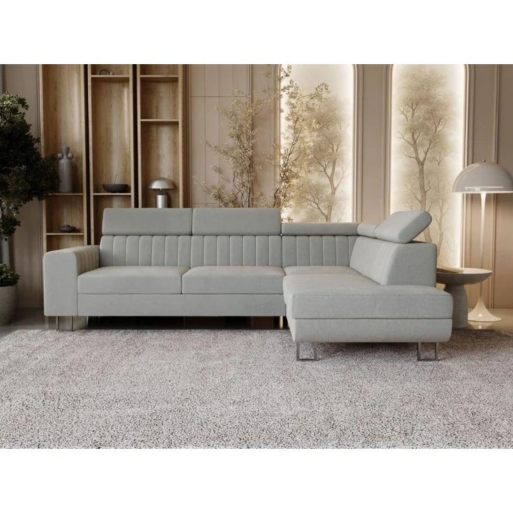 GrainGold Ecksofa mit Schlaffunktion und Bettkasten BERONA L - 255x190 cm, Grau, verstellbare Kopfstützen, Samt – Bild 1