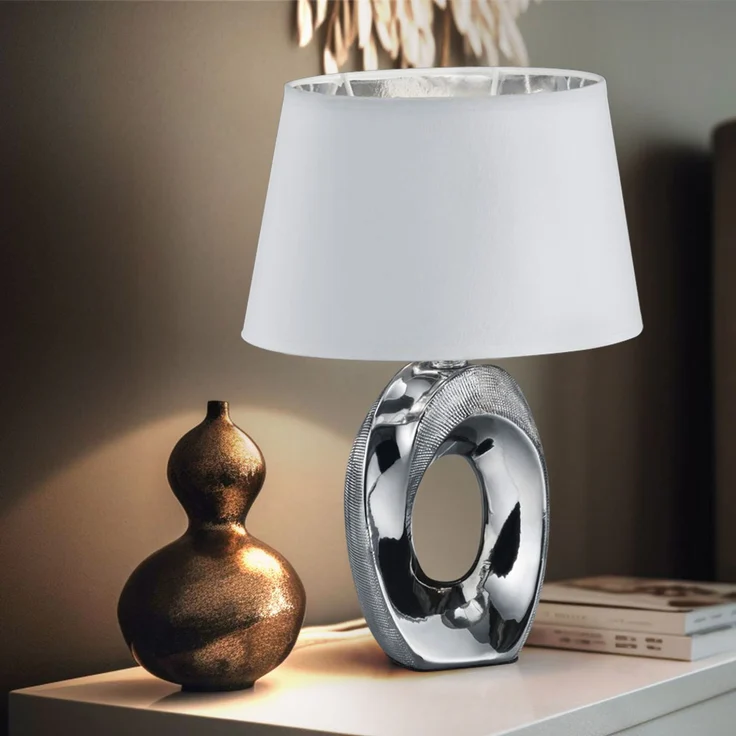 LED Design Tischleuchte, Textil, Keramik, silber-weiß, H 33 cm – Bild 5