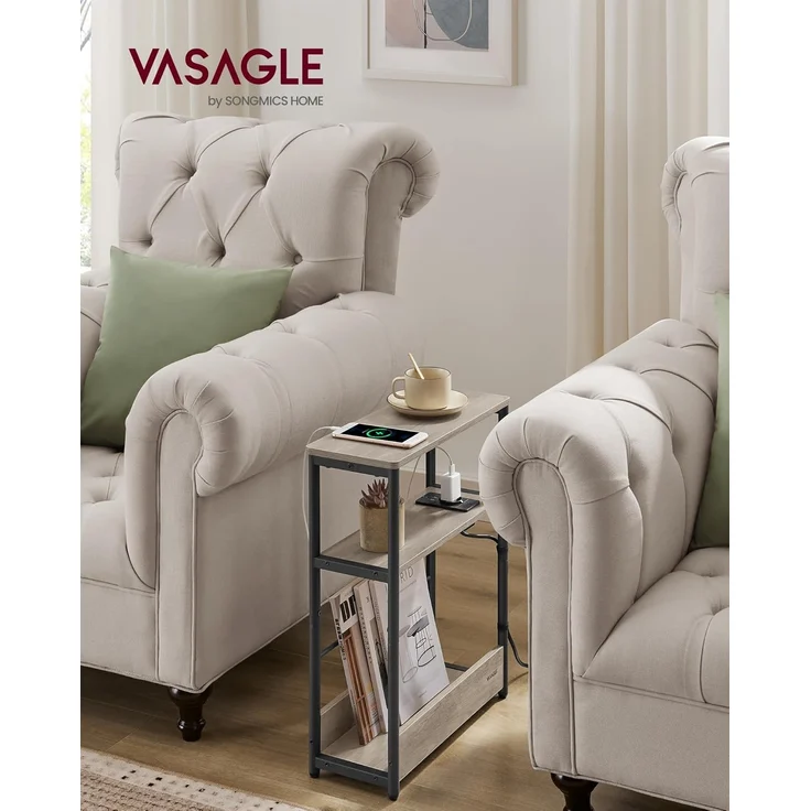 VASAGLE Beistelltisch schmal, Nachttisch mit Ladefunktion, Couchtisch klein, 3 Ablagen, Zeitschriftenhalter, für Wohnzimmer, Schlafzimmer, Arbeitszimmer, Greige meliert-tintenschwarz LET335K05 – Bild 4