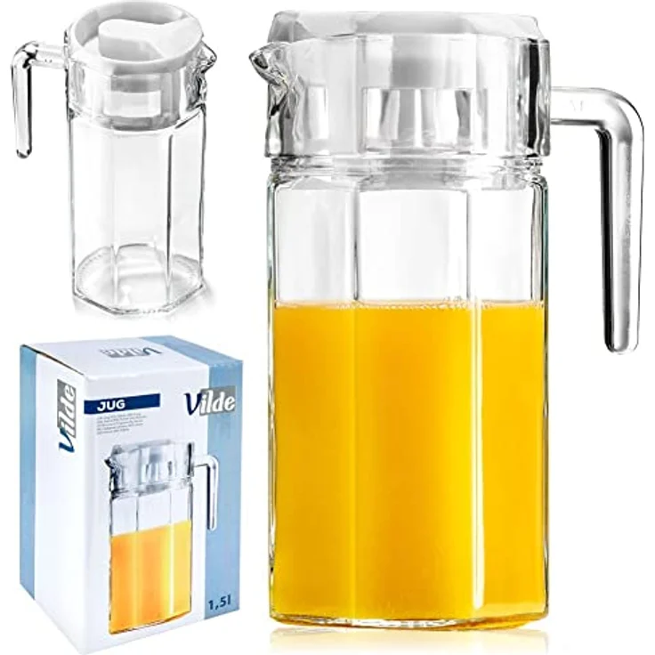 Vilde Glaskaraffe Mit Deckel 1,5 L - Hochwertiger Wasserkrug Aus Transparentem Glas - Praktischer Griff & Konturierter Ausgießer - Ideal Für Wasser/Saft- Spülmaschinenfest & Kühlschrankgeeignet – Bild 1