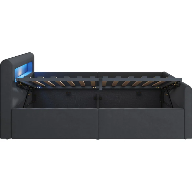 Polsterbett Kinderbett 90*200 cm, Mit LED-Licht, Mit Nachtlicht und USB-Ladeanschluss, Mit Regal, Mit Hydraulischem Stauraum, Einfaches Einzelbett, Jungen- und Mädchenbetten, Samtstoff, Dunkelgrau – Bild 10